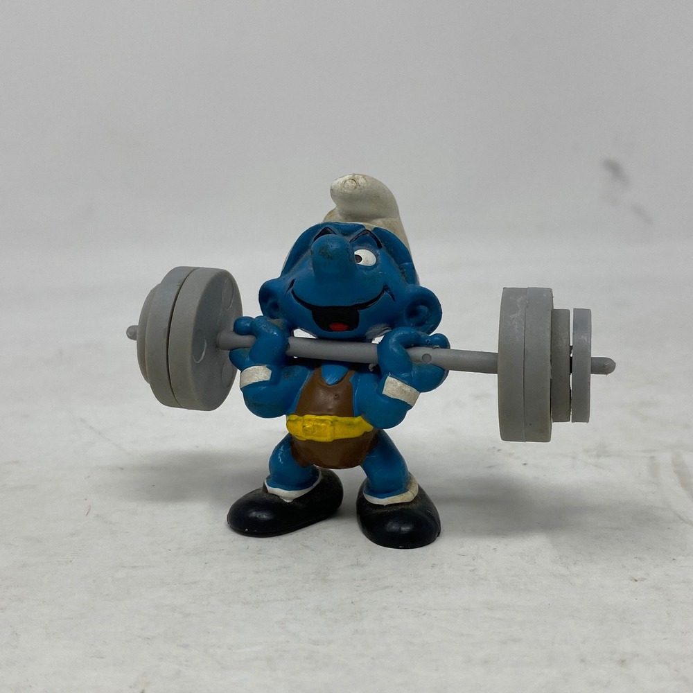 Vintage Peyo Smurf Weightlifter PVC Figure Barbell Gym Fitness Toy MISSING PLATE